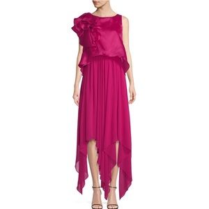 Badgley Mischka georgette asymmetrical gown popover draped shoulder detail dress